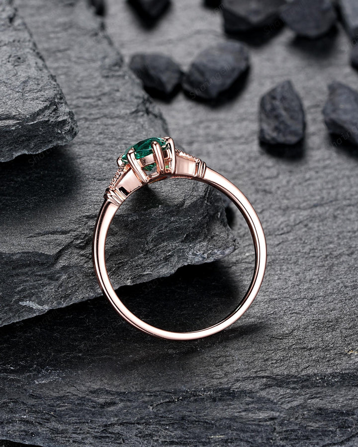 Vintage Marquise Cut Emerald Engagement Ring, Unique May Birthstone Wedding Ring, Dainty Milgrain Rose Gold Promise Ring Gift for Women - ShainJewelry