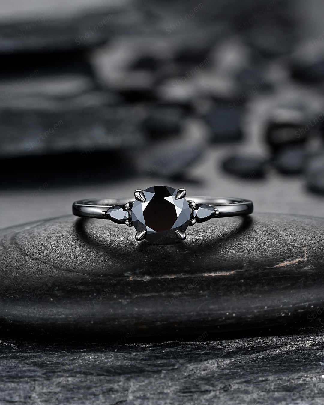 Gothic Black Gold Round Shape Black Moissanite Engagement Ring, Rhodium Black Wedding Ring Unique Witchy Dark Bridal Set, Black Promise Ring - ShainJewelry