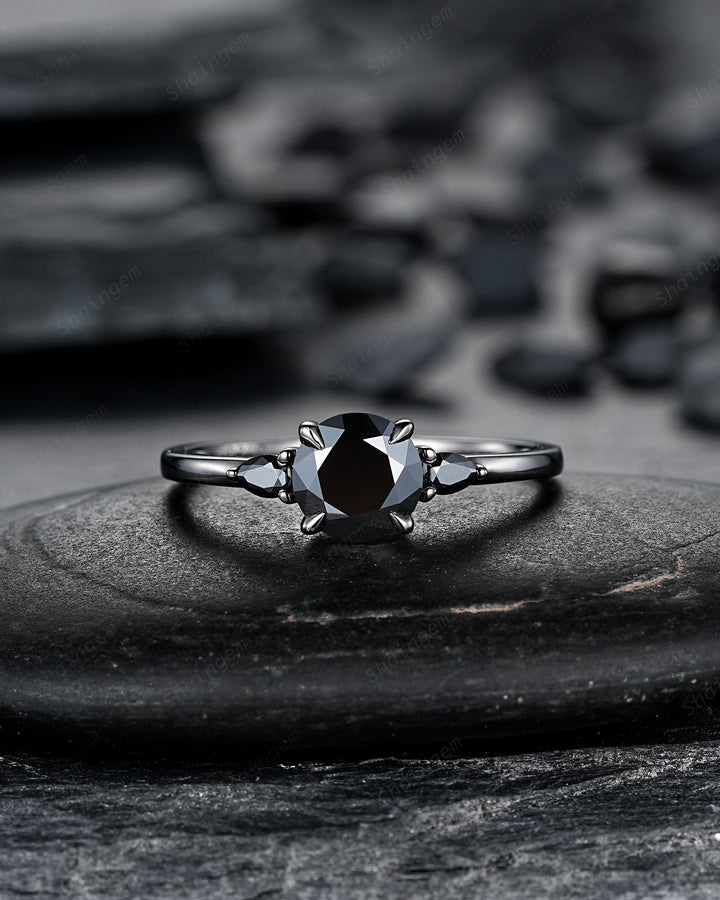 Gothic Black Gold Round Shape Black Moissanite Engagement Ring, Rhodium Black Wedding Ring Unique Witchy Dark Bridal Set, Black Promise Ring - ShainJewelry