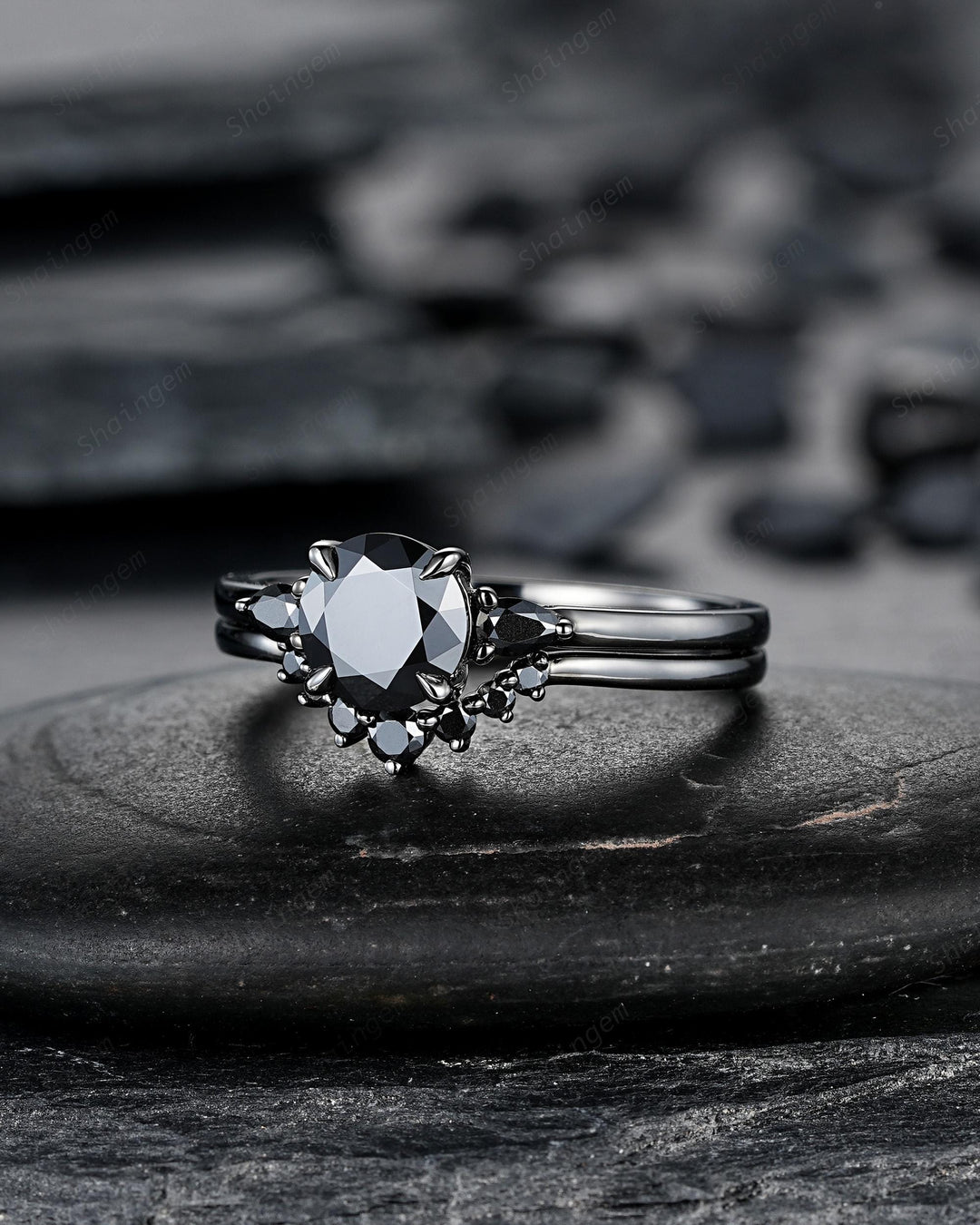 Gothic Black Gold Round Shape Black Moissanite Engagement Ring, Rhodium Black Wedding Ring Unique Witchy Dark Bridal Set, Black Promise Ring - ShainJewelry