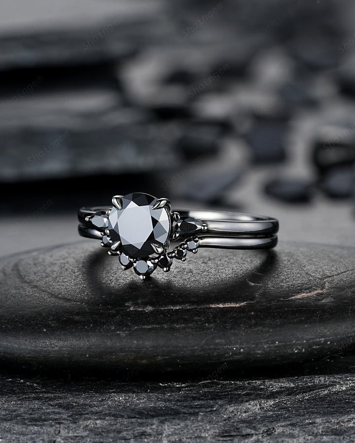 Gothic Black Gold Round Shape Black Moissanite Engagement Ring, Rhodium Black Wedding Ring Unique Witchy Dark Bridal Set, Black Promise Ring - ShainJewelry