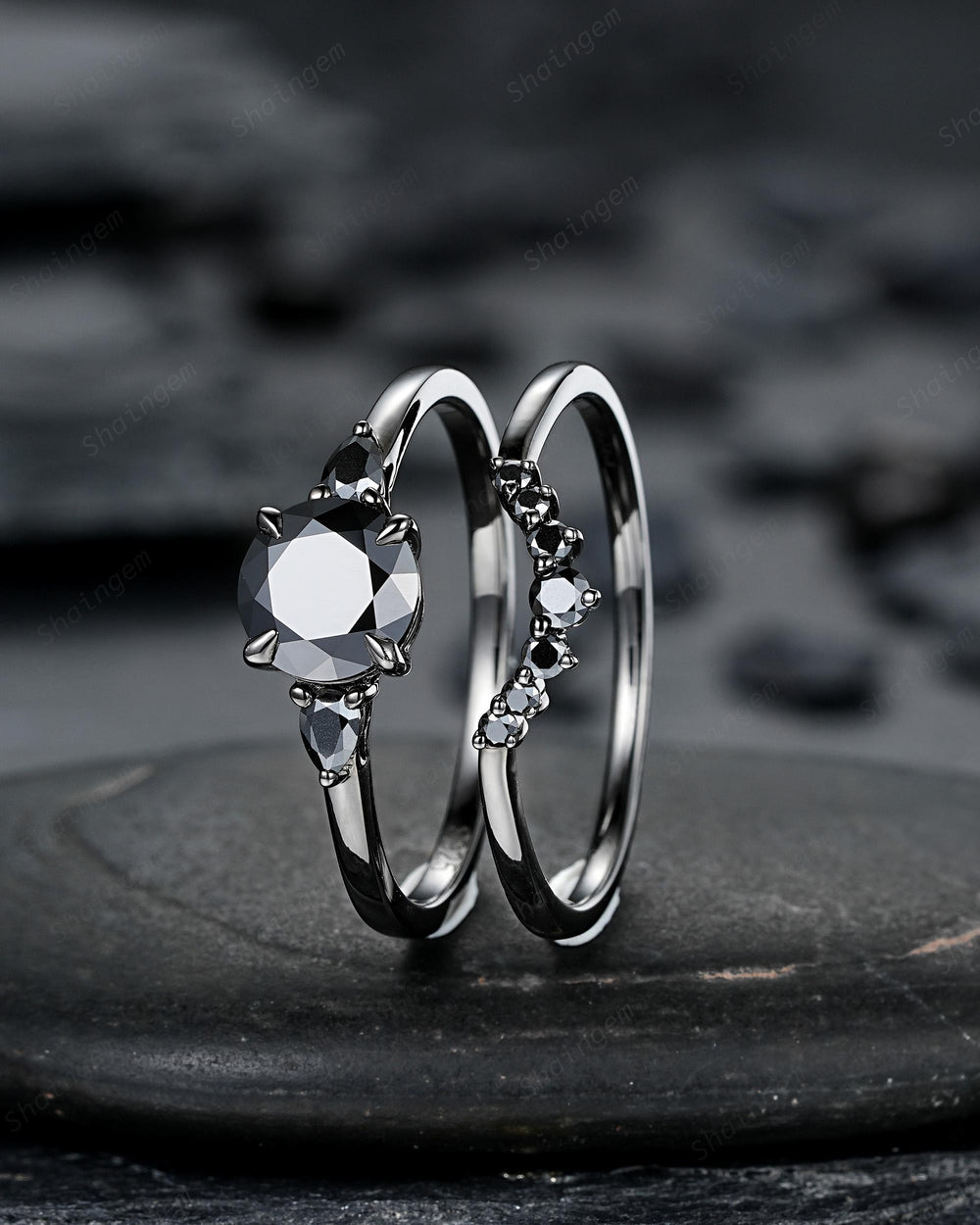 Gothic Black Gold Round Shape Black Moissanite Engagement Ring, Rhodium Black Wedding Ring Unique Witchy Dark Bridal Set, Black Promise Ring - ShainJewelry