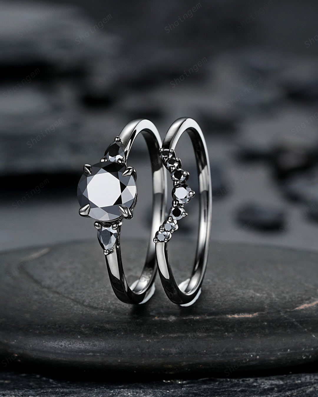 Gothic Black Gold Round Shape Black Moissanite Engagement Ring, Rhodium Black Wedding Ring Unique Witchy Dark Bridal Set, Black Promise Ring - ShainJewelry