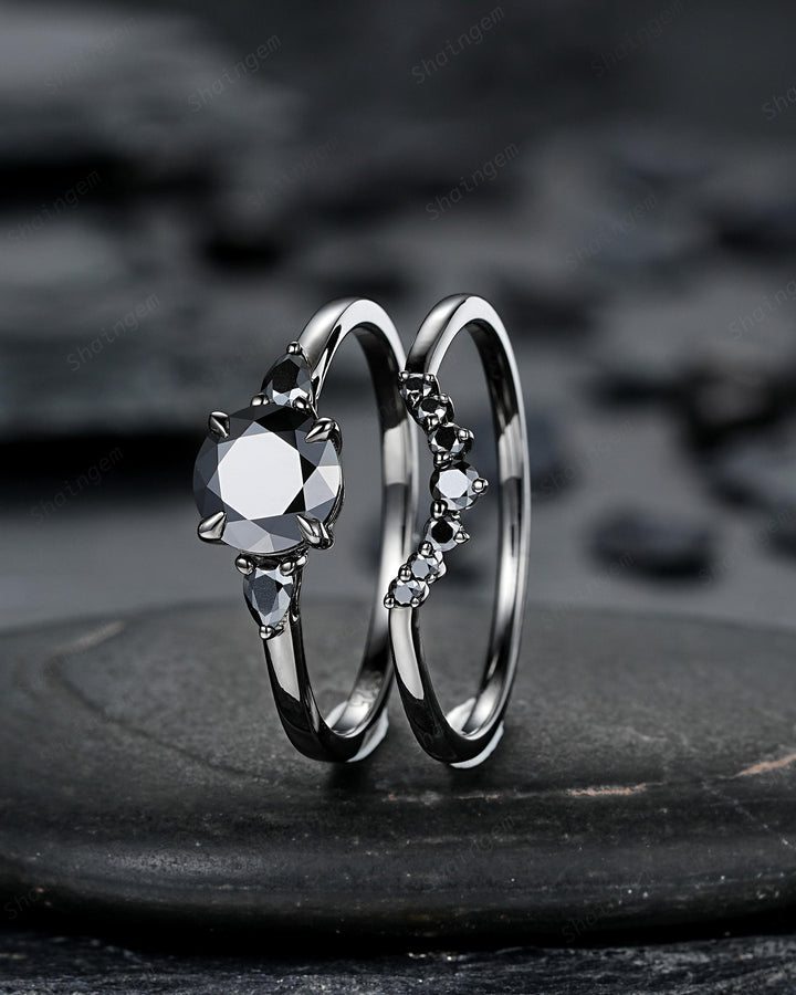 Gothic Black Gold Round Shape Black Moissanite Engagement Ring, Rhodium Black Wedding Ring Unique Witchy Dark Bridal Set, Black Promise Ring - ShainJewelry