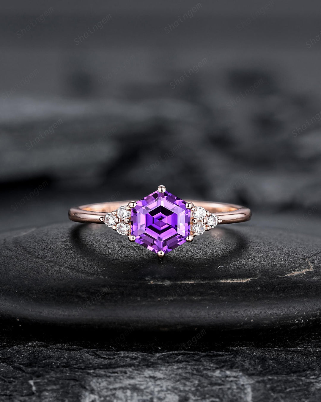 Hexagon Cut Purple Sapphire Milgrain Engagement Ring Set, Unique 14K Rose Gold Chevron Bridal Set, Curved Promise Wedding Ring Set for Women - ShainJewelry