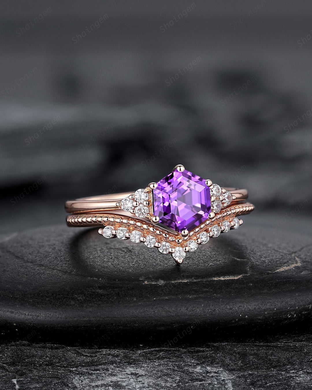 Hexagon Cut Purple Sapphire Milgrain Engagement Ring Set, Unique 14K Rose Gold Chevron Bridal Set, Curved Promise Wedding Ring Set for Women - ShainJewelry