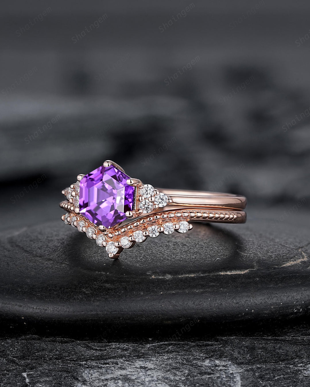 Hexagon Cut Purple Sapphire Milgrain Engagement Ring Set, Unique 14K Rose Gold Chevron Bridal Set, Curved Promise Wedding Ring Set for Women - ShainJewelry