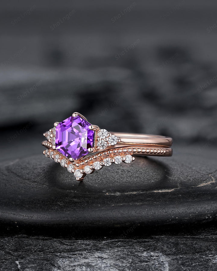 Hexagon Cut Purple Sapphire Milgrain Engagement Ring Set, Unique 14K Rose Gold Chevron Bridal Set, Curved Promise Wedding Ring Set for Women - ShainJewelry