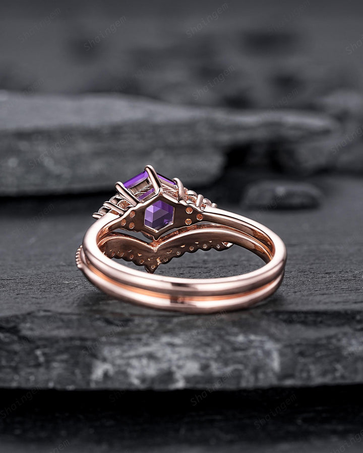 Hexagon Cut Purple Sapphire Milgrain Engagement Ring Set, Unique 14K Rose Gold Chevron Bridal Set, Curved Promise Wedding Ring Set for Women - ShainJewelry
