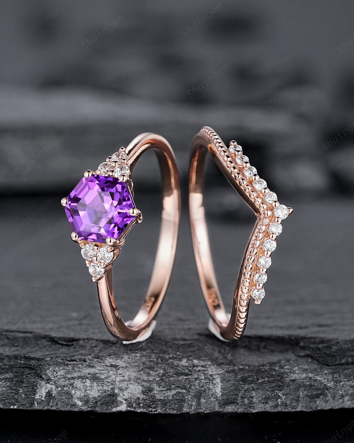 Hexagon Cut Purple Sapphire Milgrain Engagement Ring Set, Unique 14K Rose Gold Chevron Bridal Set, Curved Promise Wedding Ring Set for Women - ShainJewelry