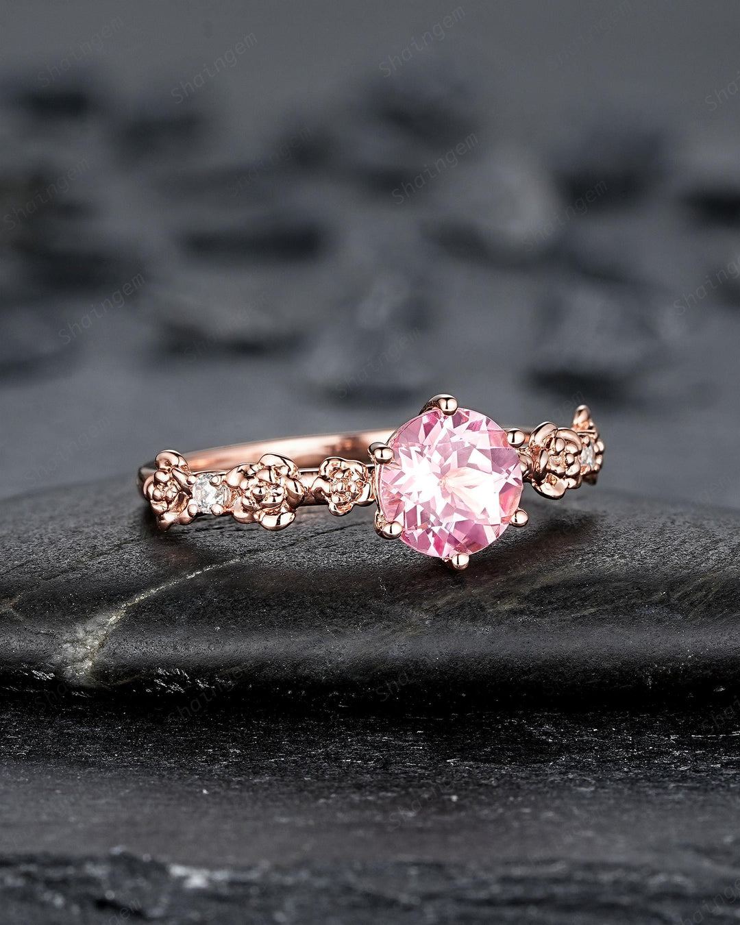 Unique Nature Inspired Round Shape Pink Sapphire Engagement Ring, Vintage Rose Flower Wedding Ring, Rose Gold Floral Promise Ring Gift Women - ShainJewelry