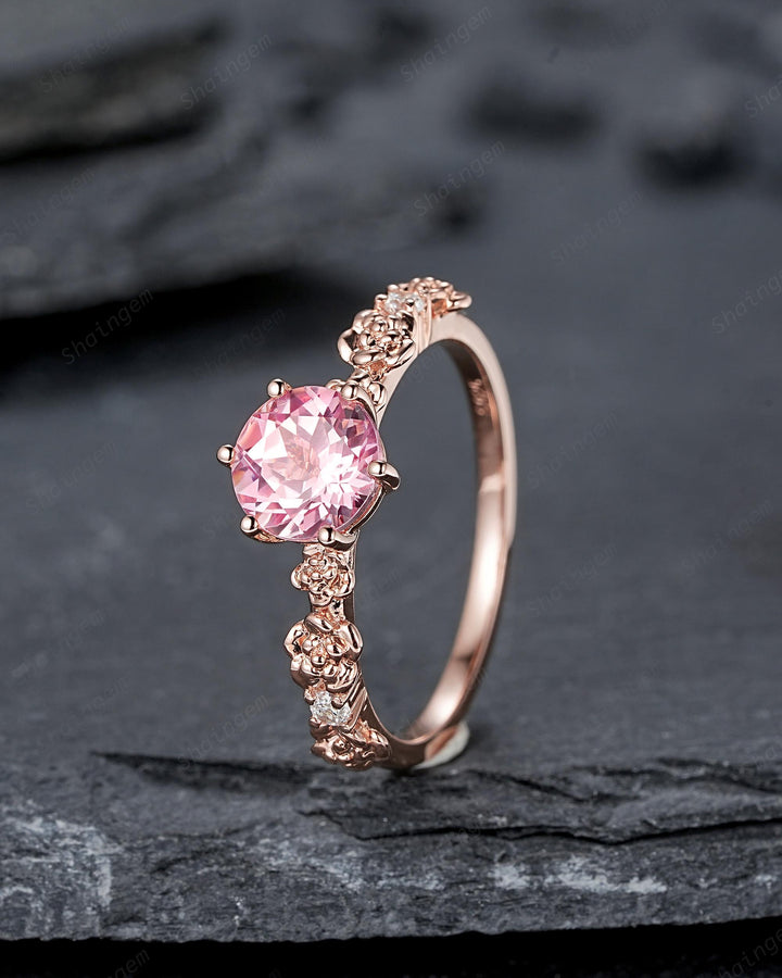 Unique Nature Inspired Round Shape Pink Sapphire Engagement Ring, Vintage Rose Flower Wedding Ring, Rose Gold Floral Promise Ring Gift Women - ShainJewelry