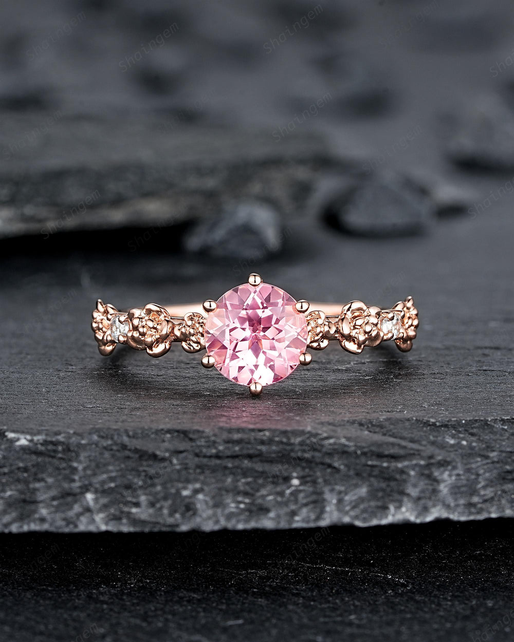Unique Nature Inspired Round Shape Pink Sapphire Engagement Ring, Vintage Rose Flower Wedding Ring, Rose Gold Floral Promise Ring Gift Women - ShainJewelry