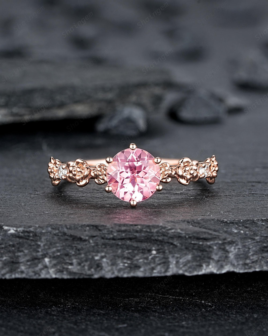 Unique Nature Inspired Round Shape Pink Sapphire Engagement Ring, Vintage Rose Flower Wedding Ring, Rose Gold Floral Promise Ring Gift Women - ShainJewelry
