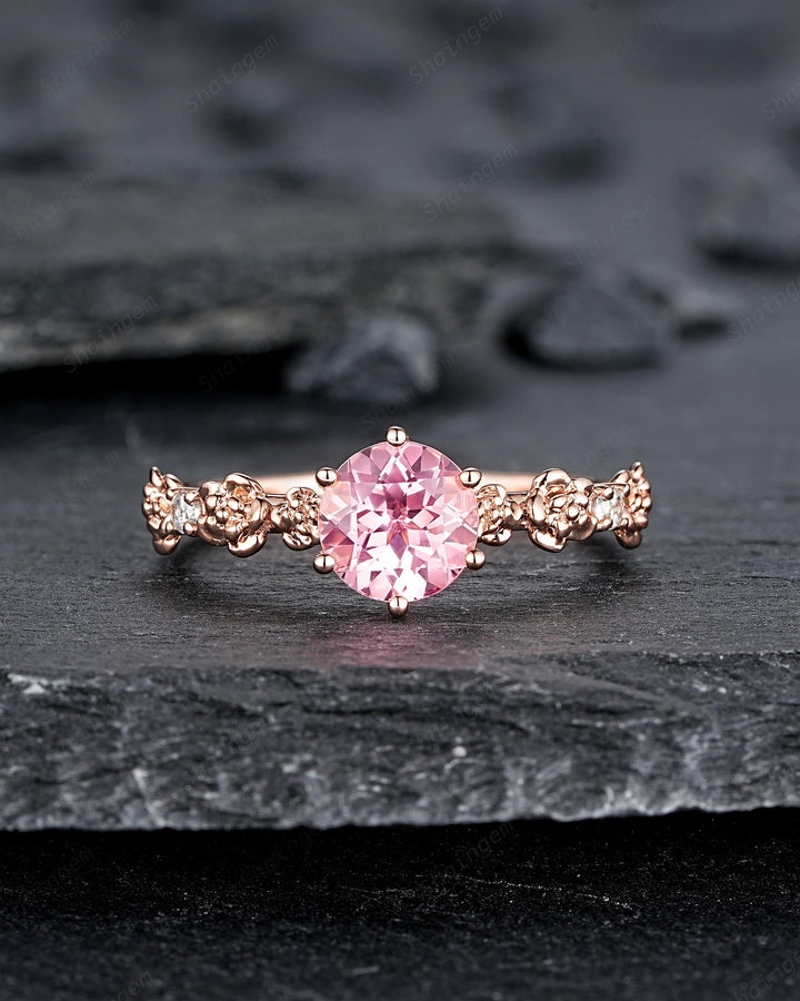 Unique Nature Inspired Round Shape Pink Sapphire Engagement Ring, Vintage Rose Flower Wedding Ring, Rose Gold Floral Promise Ring Gift Women - ShainJewelry