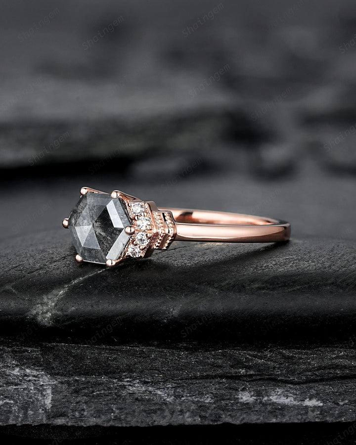Natural Hexagon Salt and Pepper Diamond Engagement Ring Unique Solid Rose Gold Black Diamond Promise Ring, Gray Diamond Wedding Ring for her - ShainJewelry