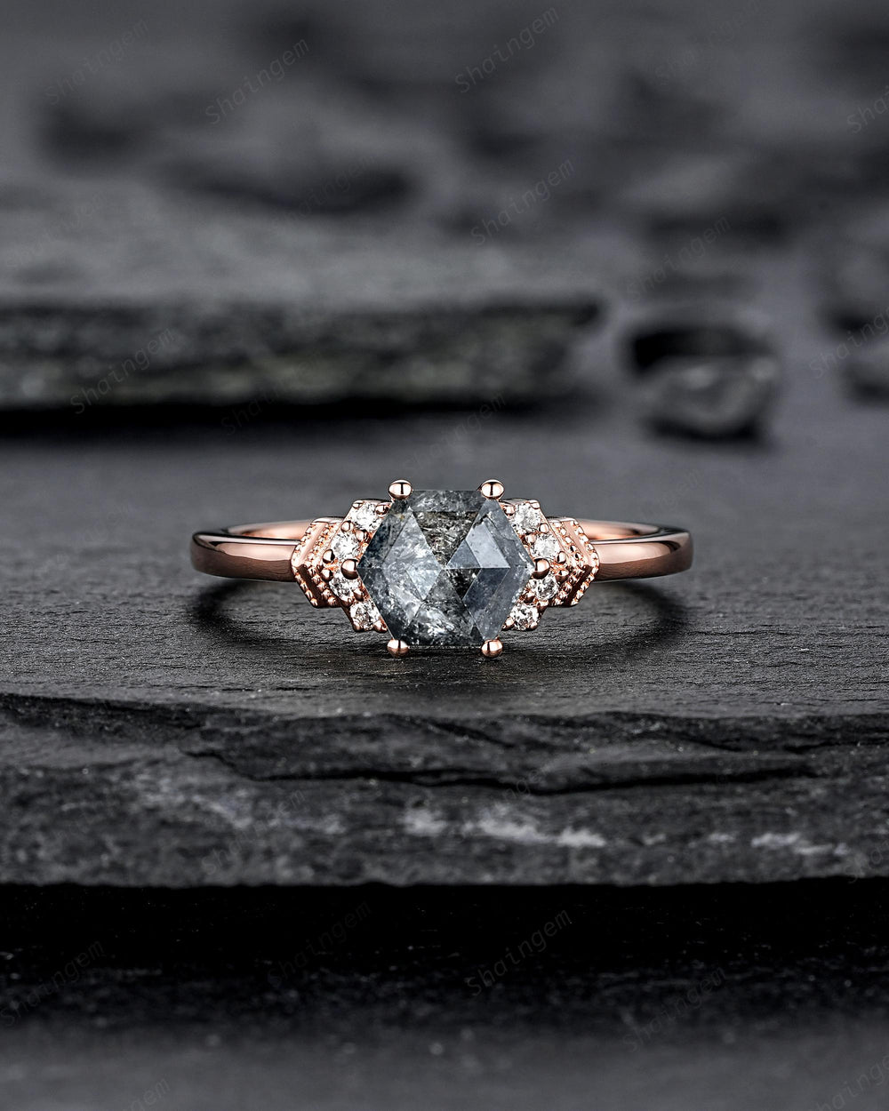 Natural Hexagon Salt and Pepper Diamond Engagement Ring Unique Solid Rose Gold Black Diamond Promise Ring, Gray Diamond Wedding Ring for her - ShainJewelry