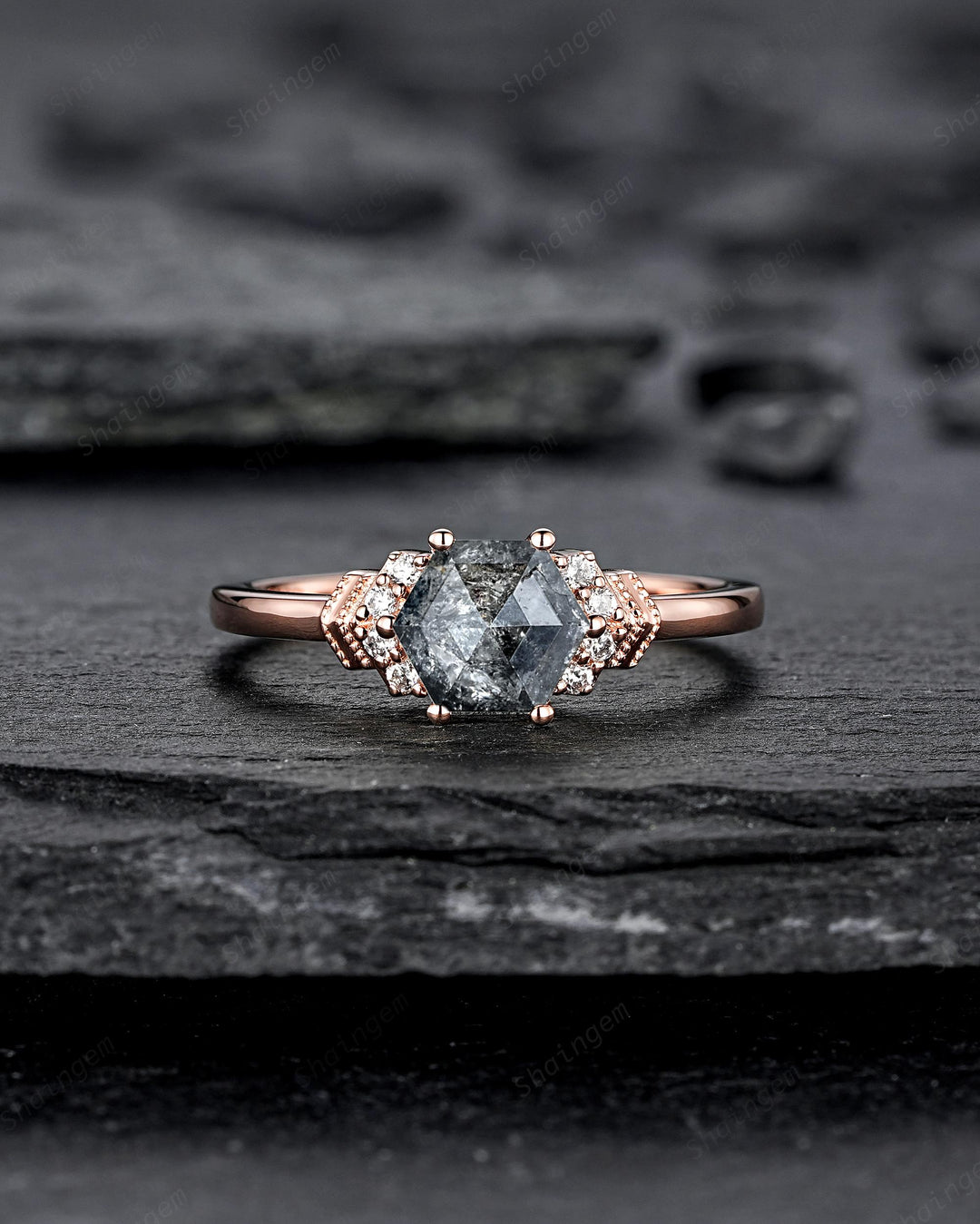 Natural Hexagon Salt and Pepper Diamond Engagement Ring Unique Solid Rose Gold Black Diamond Promise Ring, Gray Diamond Wedding Ring for her - ShainJewelry