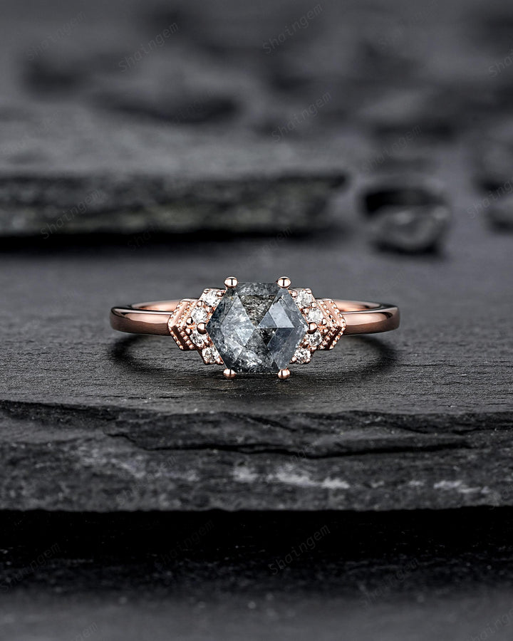 Natural Hexagon Salt and Pepper Diamond Engagement Ring Unique Solid Rose Gold Black Diamond Promise Ring, Gray Diamond Wedding Ring for her - ShainJewelry