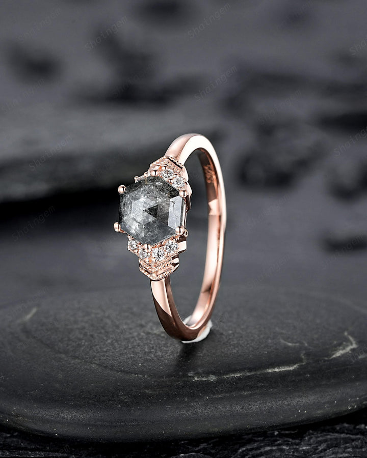 Natural Hexagon Salt and Pepper Diamond Engagement Ring Unique Solid Rose Gold Black Diamond Promise Ring, Gray Diamond Wedding Ring for her - ShainJewelry