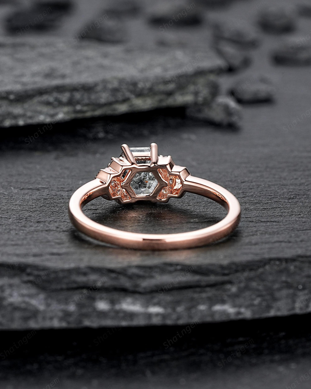Natural Hexagon Salt and Pepper Diamond Engagement Ring Unique Solid Rose Gold Black Diamond Promise Ring, Gray Diamond Wedding Ring for her - ShainJewelry