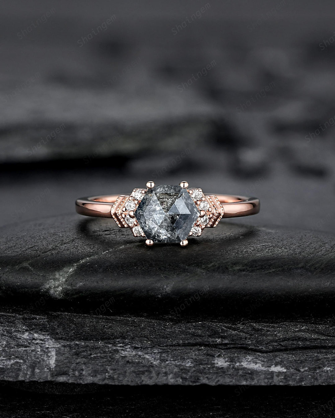 Natural Hexagon Salt and Pepper Diamond Engagement Ring Unique Solid Rose Gold Black Diamond Promise Ring, Gray Diamond Wedding Ring for her - ShainJewelry