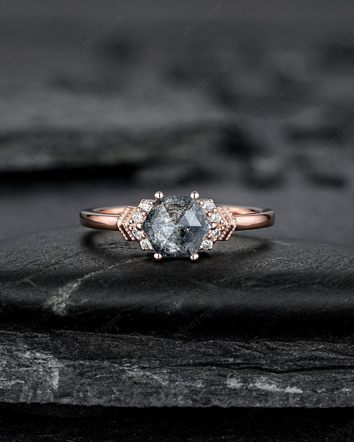 Natural Hexagon Salt and Pepper Diamond Engagement Ring Unique Solid Rose Gold Black Diamond Promise Ring, Gray Diamond Wedding Ring for her - ShainJewelry