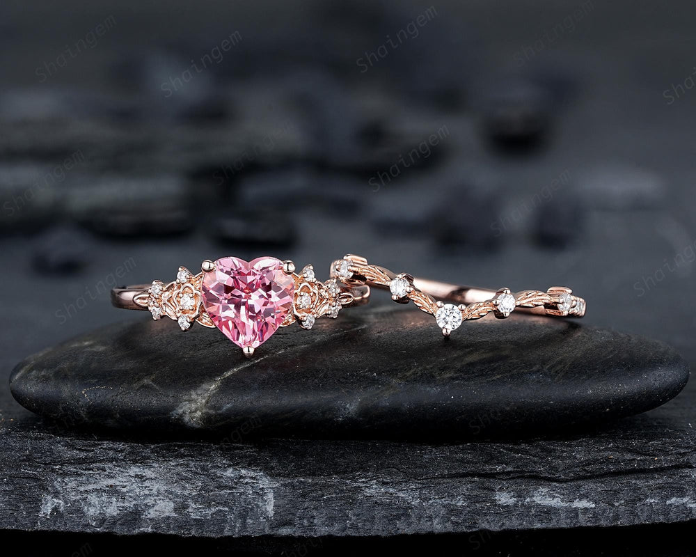 Vintage Heart Shape Padparadscha Pink Sapphire Floral Engagement Ring, Rose Gold Vine Leaf Wedding Set, Nature Inspired Flower Promise Ring - ShainJewelry