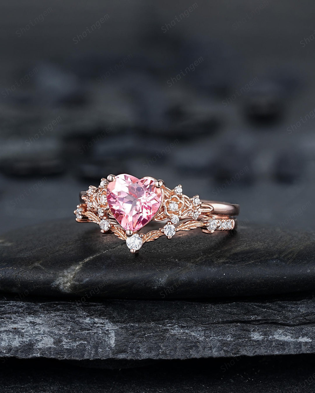 Vintage Heart Shape Padparadscha Pink Sapphire Floral Engagement Ring, Rose Gold Vine Leaf Wedding Set, Nature Inspired Flower Promise Ring - ShainJewelry