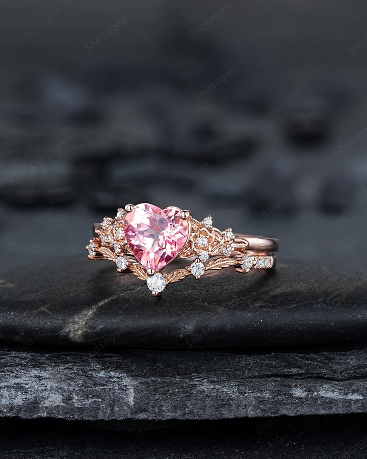 Vintage Heart Shape Padparadscha Pink Sapphire Floral Engagement Ring, Rose Gold Vine Leaf Wedding Set, Nature Inspired Flower Promise Ring - ShainJewelry