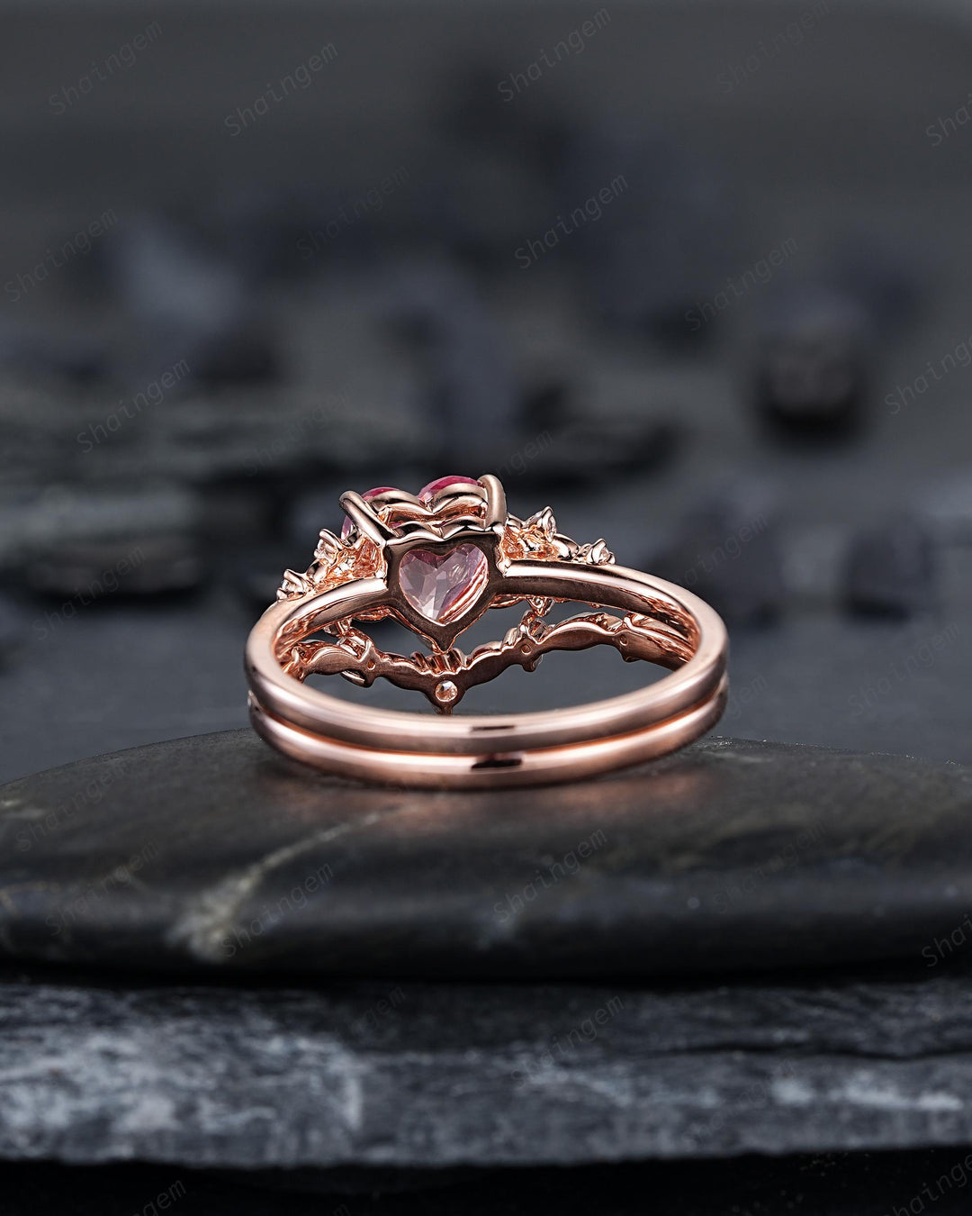 Vintage Heart Shape Padparadscha Pink Sapphire Floral Engagement Ring, Rose Gold Vine Leaf Wedding Set, Nature Inspired Flower Promise Ring - ShainJewelry