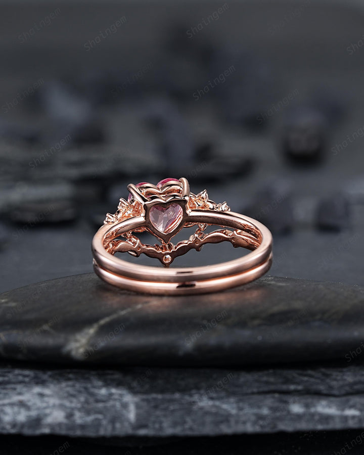 Vintage Heart Shape Padparadscha Pink Sapphire Floral Engagement Ring, Rose Gold Vine Leaf Wedding Set, Nature Inspired Flower Promise Ring - ShainJewelry