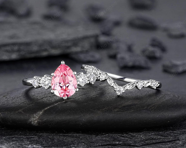 Platinum Pear Shape Padparadscha Pink Sapphire Leaf Engagement Ring, White Gold Five Stone Wedding Set, Nature Inspired Promise Ring Women - ShainJewelry
