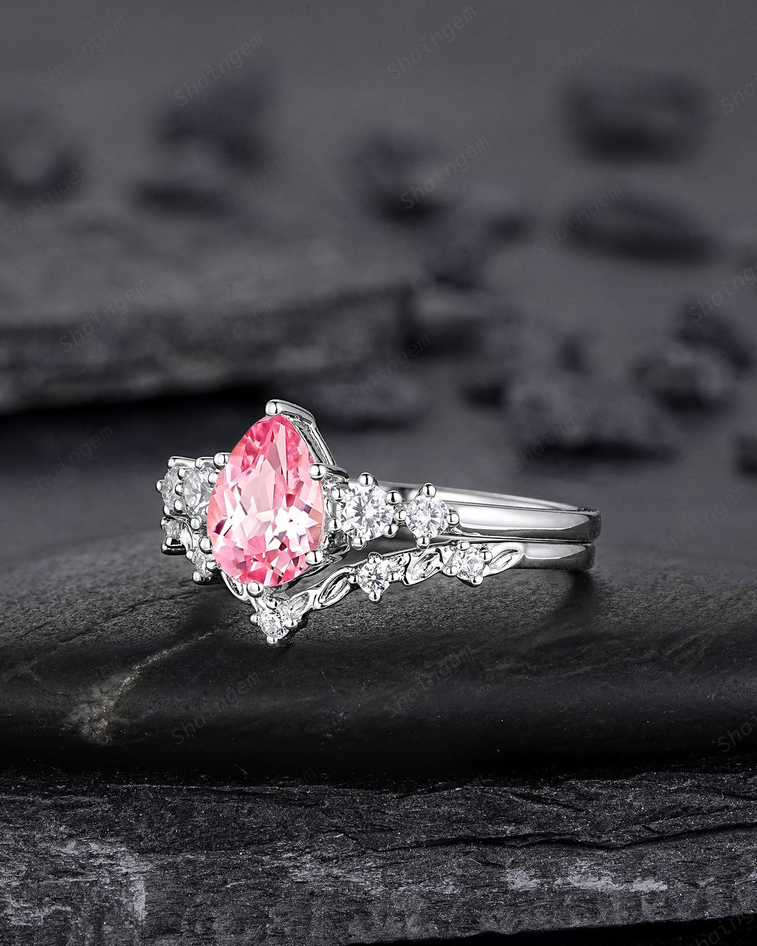 Platinum Pear Shape Padparadscha Pink Sapphire Leaf Engagement Ring, White Gold Five Stone Wedding Set, Nature Inspired Promise Ring Women - ShainJewelry