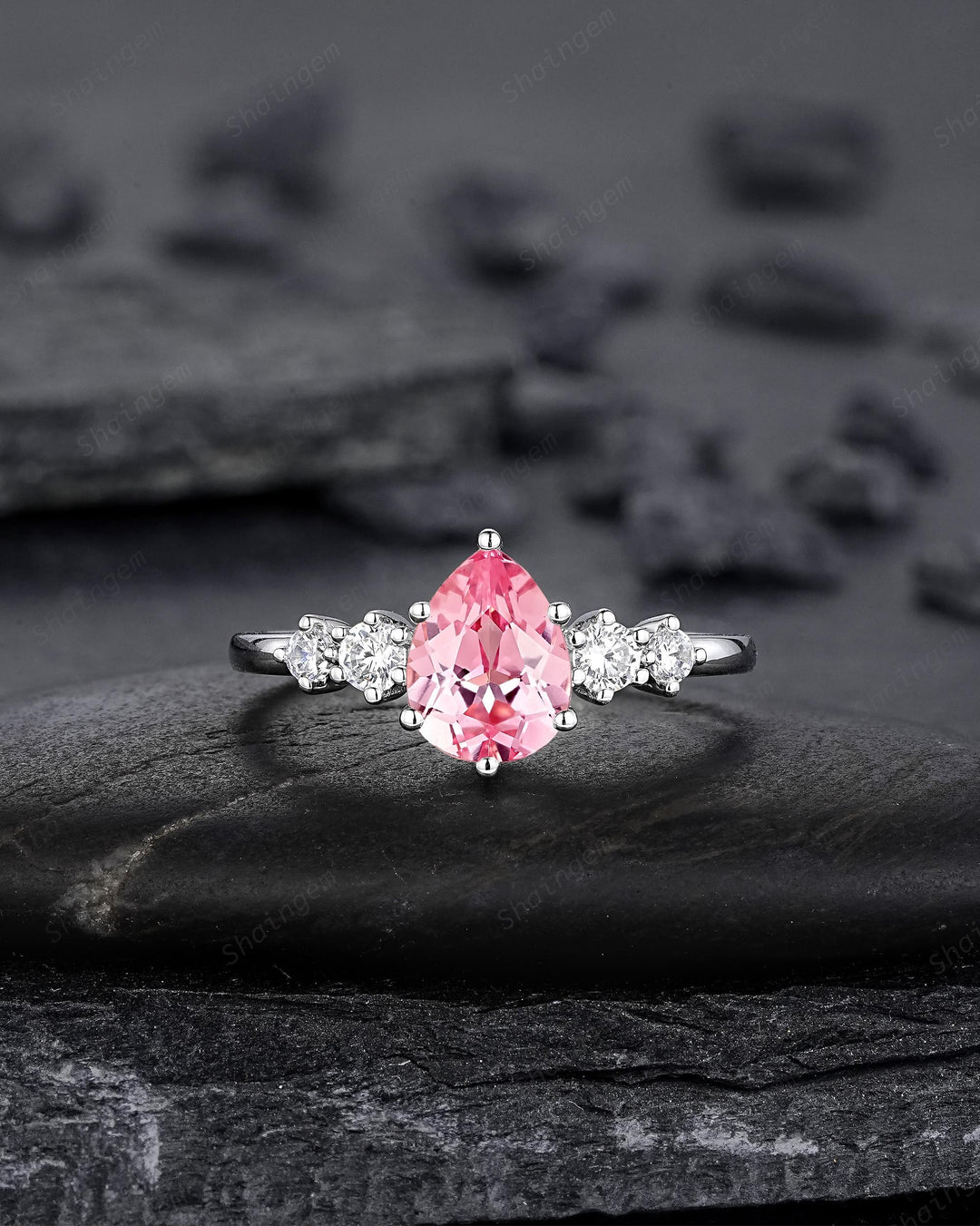 Platinum Pear Shape Padparadscha Pink Sapphire Leaf Engagement Ring, White Gold Five Stone Wedding Set, Nature Inspired Promise Ring Women - ShainJewelry