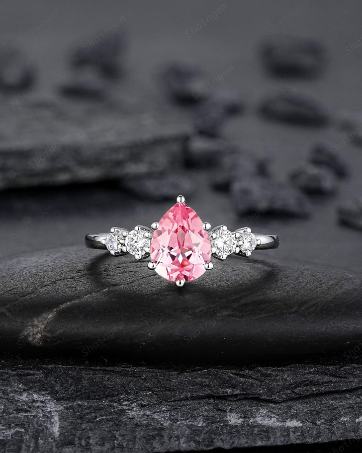 Platinum Pear Shape Padparadscha Pink Sapphire Leaf Engagement Ring, White Gold Five Stone Wedding Set, Nature Inspired Promise Ring Women - ShainJewelry