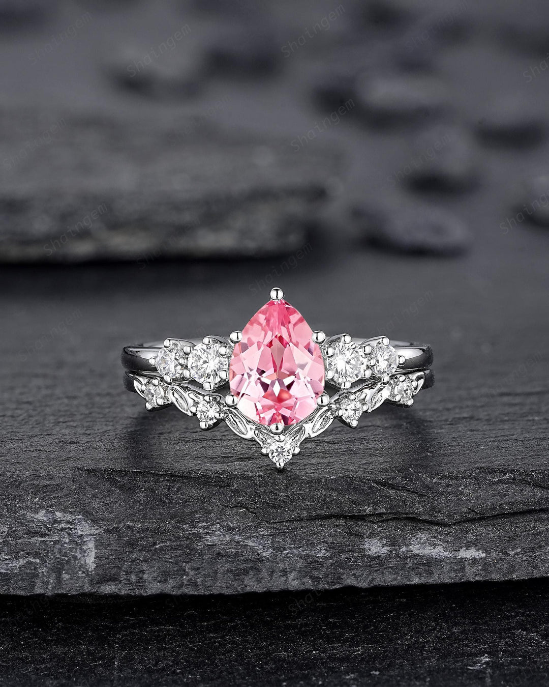 Platinum Pear Shape Padparadscha Pink Sapphire Leaf Engagement Ring, White Gold Five Stone Wedding Set, Nature Inspired Promise Ring Women - ShainJewelry