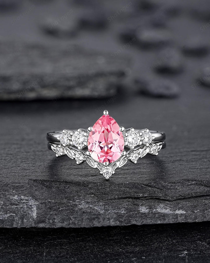 Platinum Pear Shape Padparadscha Pink Sapphire Leaf Engagement Ring, White Gold Five Stone Wedding Set, Nature Inspired Promise Ring Women - ShainJewelry