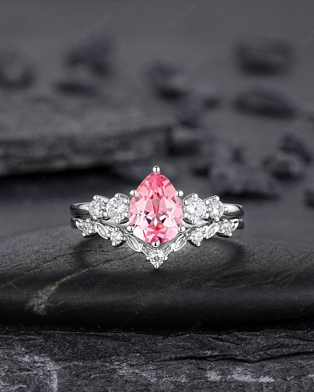 Platinum Pear Shape Padparadscha Pink Sapphire Leaf Engagement Ring, White Gold Five Stone Wedding Set, Nature Inspired Promise Ring Women - ShainJewelry