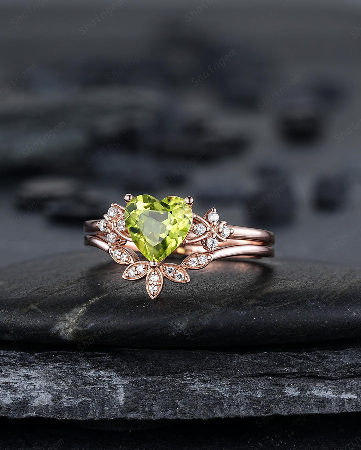 Vintage Heart Shape Natural Peridot Diamond Engagement Ring Set, Unique Rose Gold Floral Cluster Love Promise Ring Anniversary Gift Woman - ShainJewelry