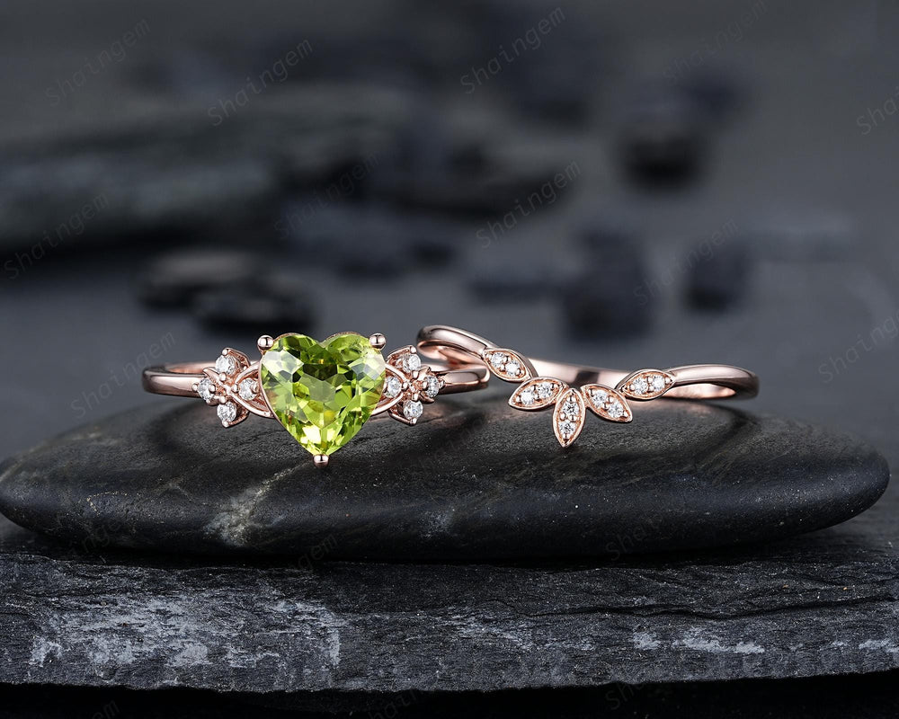 Vintage Heart Shape Natural Peridot Diamond Engagement Ring Set, Unique Rose Gold Floral Cluster Love Promise Ring Anniversary Gift Woman - ShainJewelry