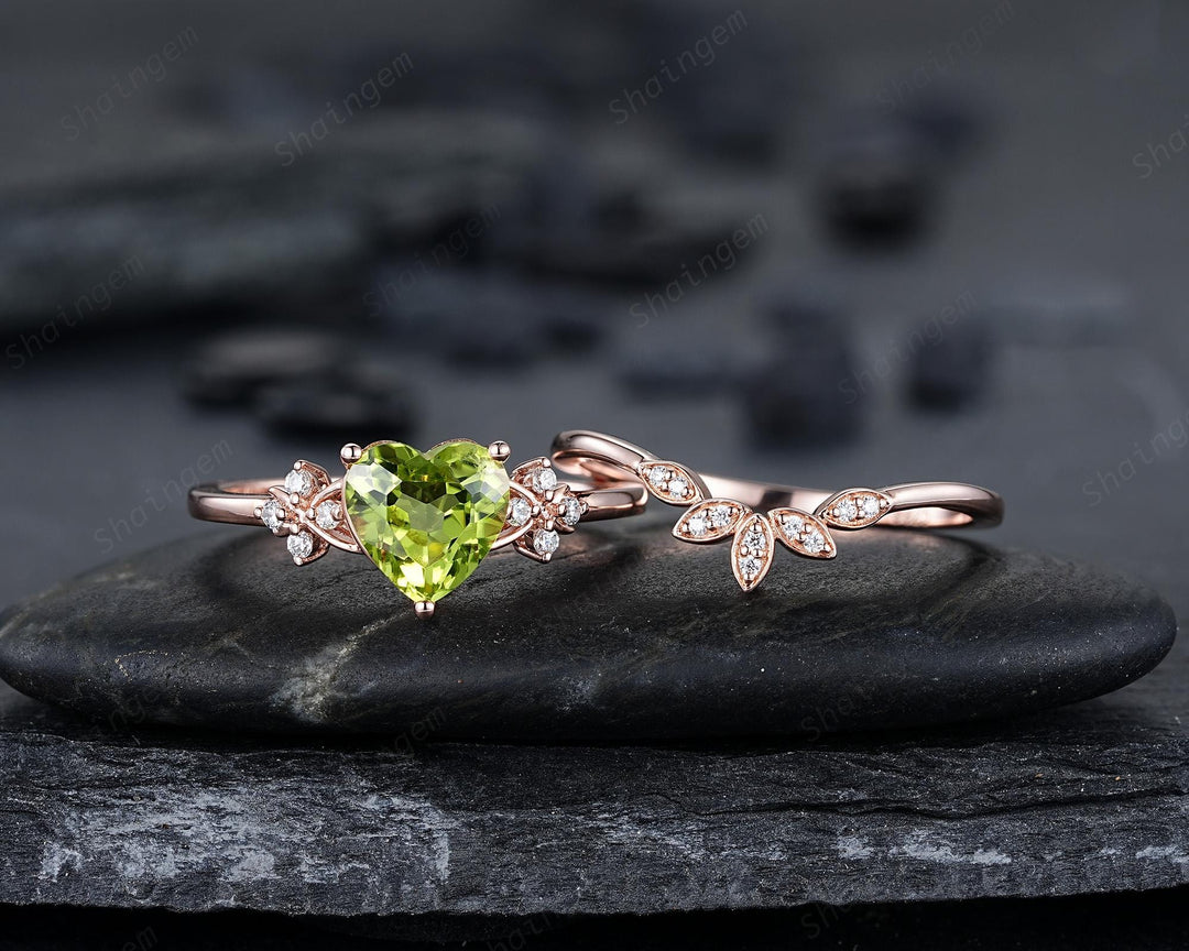 Vintage Heart Shape Natural Peridot Diamond Engagement Ring Set, Unique Rose Gold Floral Cluster Love Promise Ring Anniversary Gift Woman - ShainJewelry