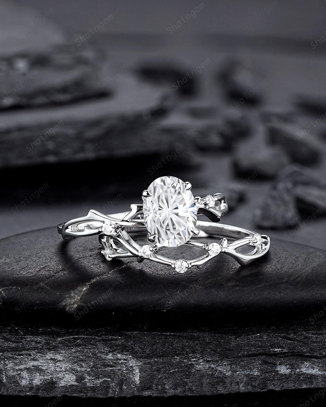 Platinum Oval Shape Fireworks Cut Moissanite Engagement Ring Unique White Gold Twig Branch Vine Wedding Set Nature Inspired Promise Ring - ShainJewelry