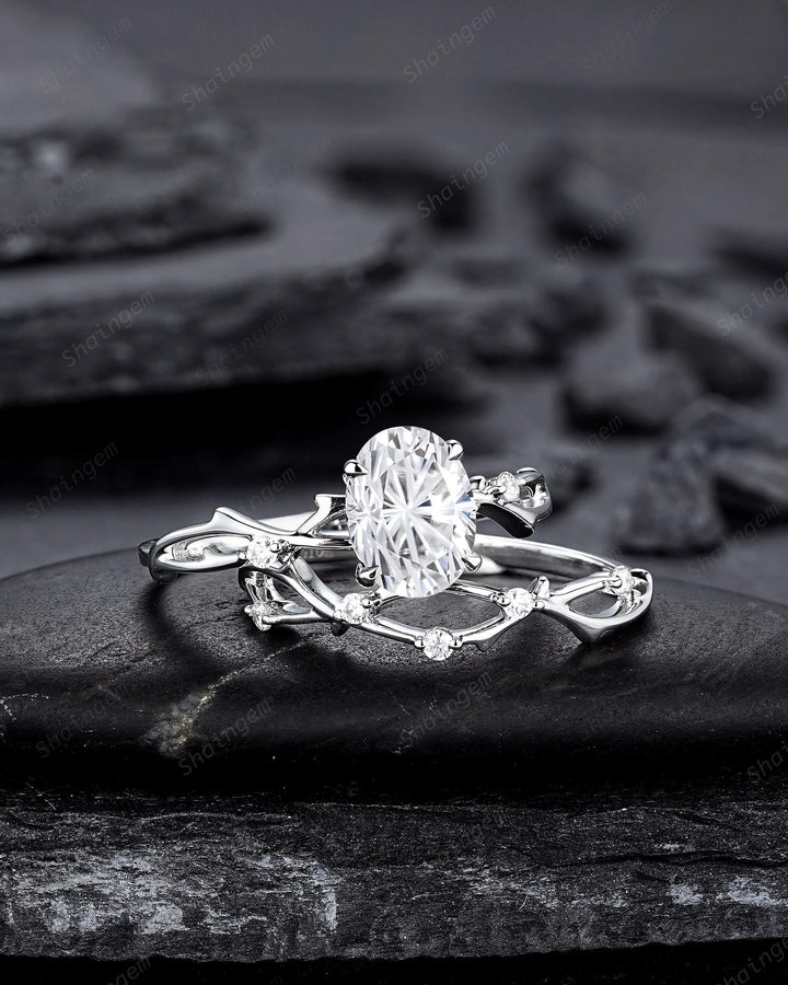 Platinum Oval Shape Fireworks Cut Moissanite Engagement Ring Unique White Gold Twig Branch Vine Wedding Set Nature Inspired Promise Ring - ShainJewelry