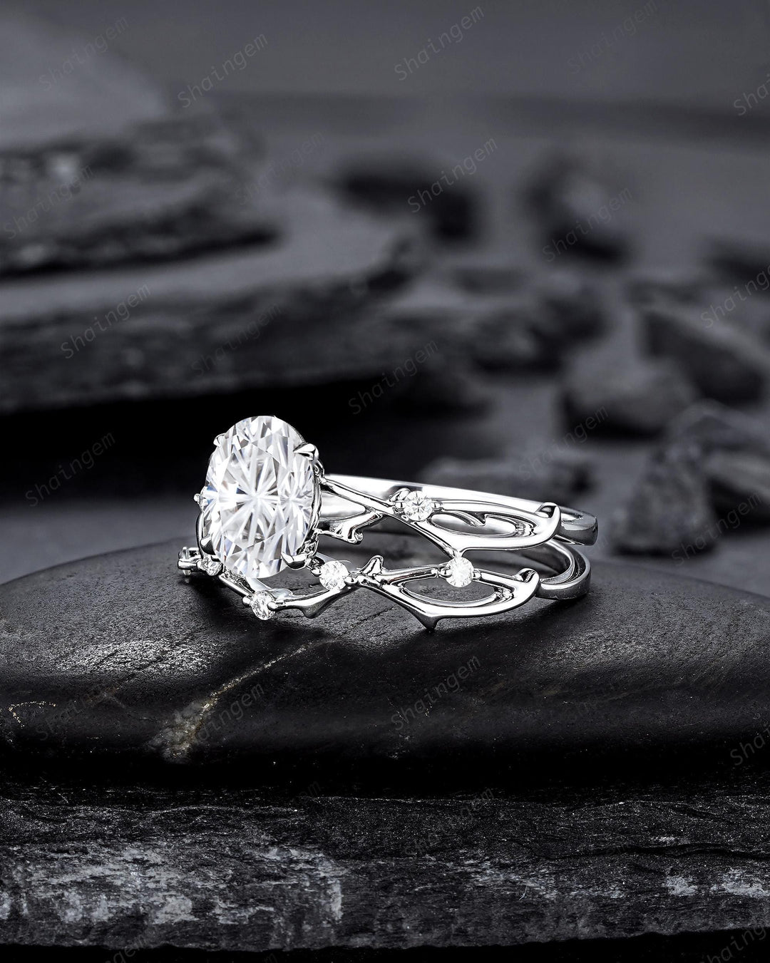 Platinum Oval Shape Fireworks Cut Moissanite Engagement Ring Unique White Gold Twig Branch Vine Wedding Set Nature Inspired Promise Ring - ShainJewelry