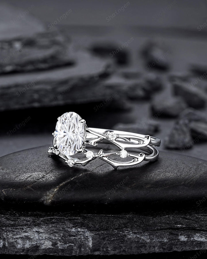 Platinum Oval Shape Fireworks Cut Moissanite Engagement Ring Unique White Gold Twig Branch Vine Wedding Set Nature Inspired Promise Ring - ShainJewelry