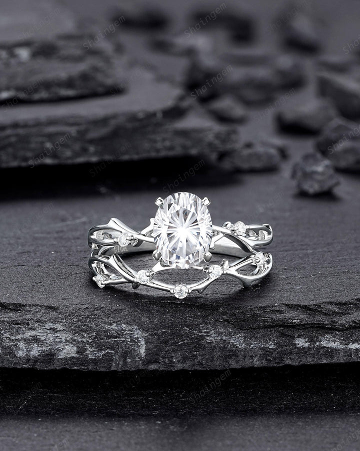 Platinum Oval Shape Fireworks Cut Moissanite Engagement Ring Unique White Gold Twig Branch Vine Wedding Set Nature Inspired Promise Ring - ShainJewelry