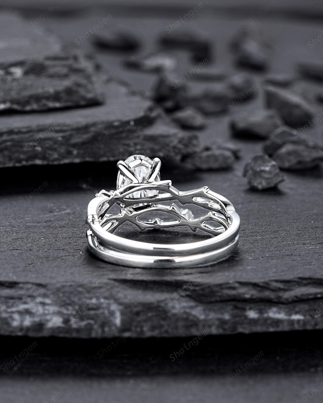 Platinum Oval Shape Fireworks Cut Moissanite Engagement Ring Unique White Gold Twig Branch Vine Wedding Set Nature Inspired Promise Ring - ShainJewelry