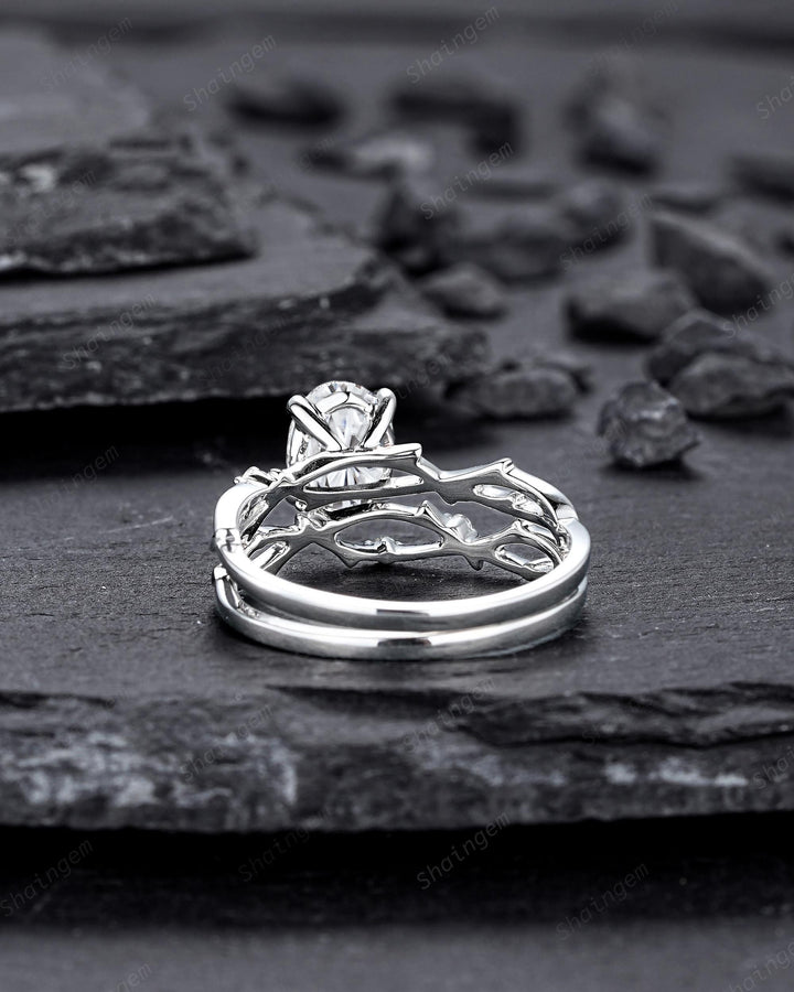 Platinum Oval Shape Fireworks Cut Moissanite Engagement Ring Unique White Gold Twig Branch Vine Wedding Set Nature Inspired Promise Ring - ShainJewelry