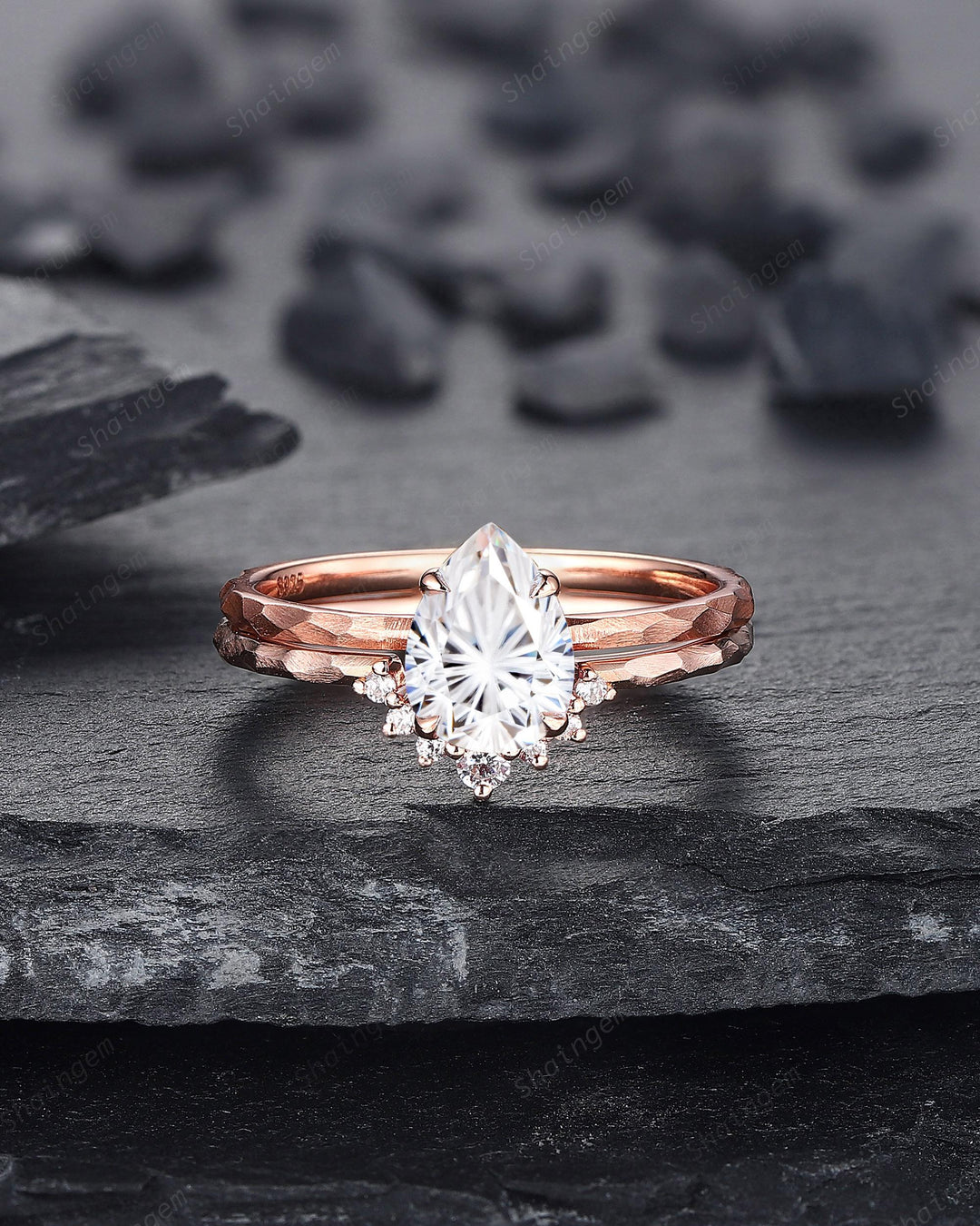 Unique Hammered Pear Shape Fireworks Cut Moissanite Engagement Ring Set, Hand Forged 14K 18K Rose Gold Diamond Bridal Set Promise Ring Gift - ShainJewelry